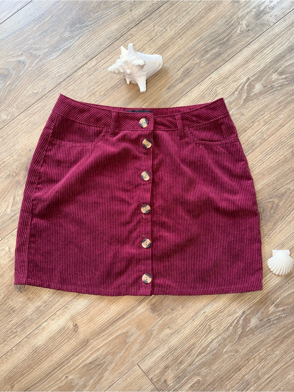 Ambiance Wine Red Corduroy Button Mini Skirt